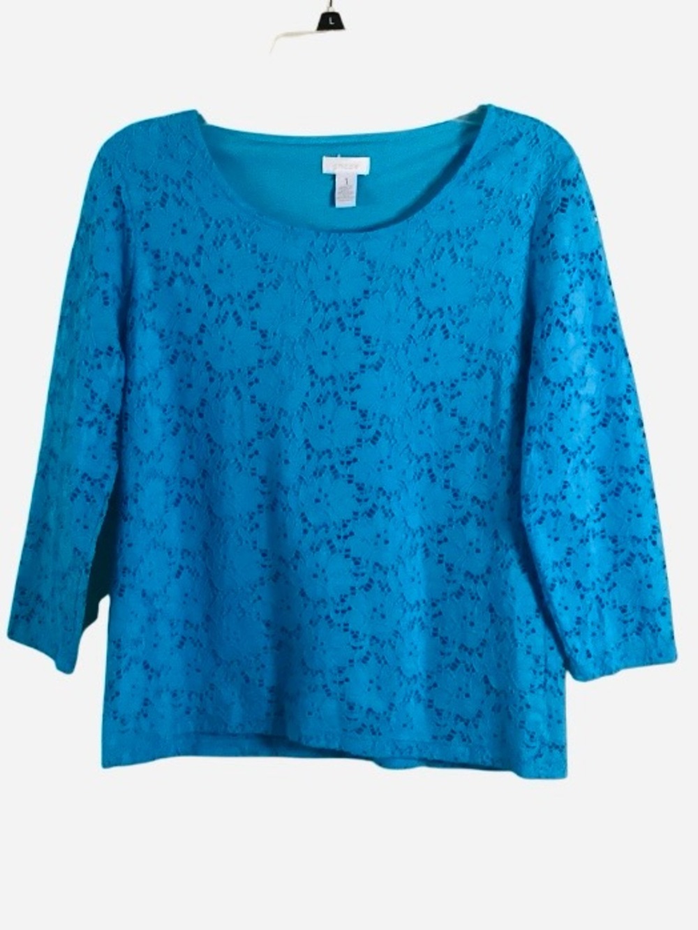 Chico’s Women’s Blue Floral Lace Overlay Scoop Neck Top Medium